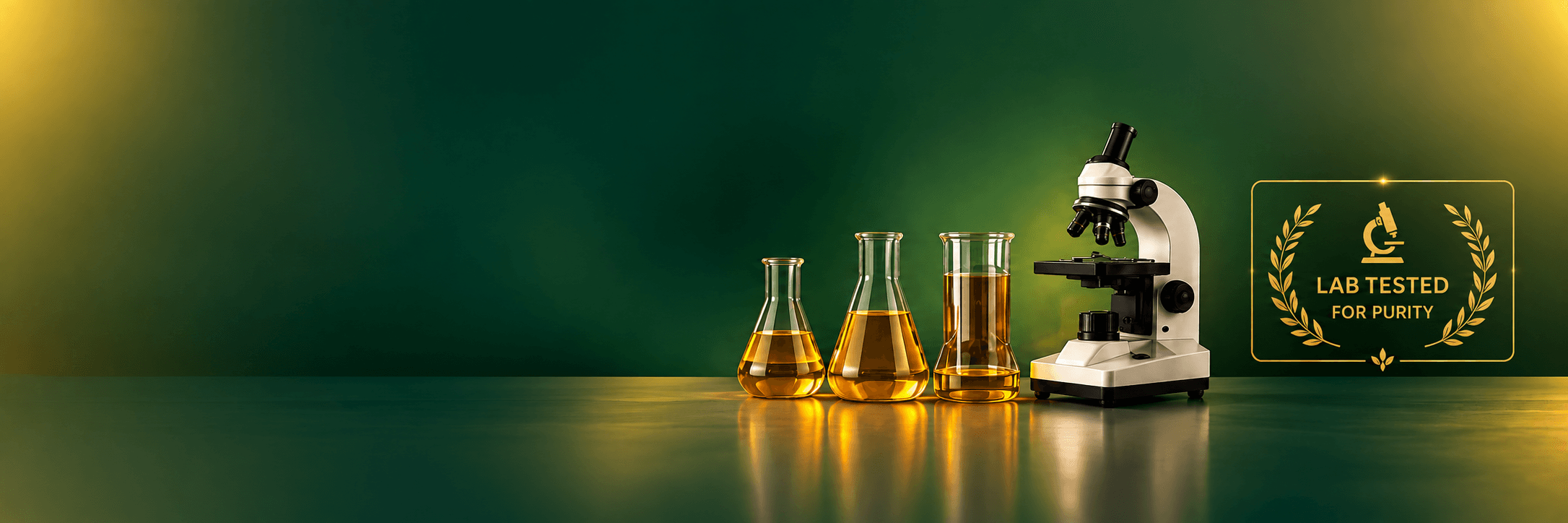 Mustard oil samples beside a microscope and a lab tested for purity seal